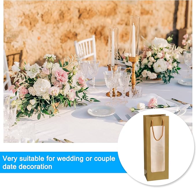 uxcell Wine Bags, 12pcs 4.92"x3.35"x14.2" Wine Gift Bags with Rope Handles, Paper Wine Tote Bag with Clear Window for Wedding Birthday Christmas Party Supplies, Gold