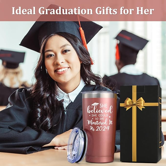 Lifecapido Graduation Gifts for Her, She Believed She Could So She Mastered It 2024 20 oz Insulated Travel Tumbler, Graduation Gifts with Keychain for Masters College High School Graduate, Rose Gold
