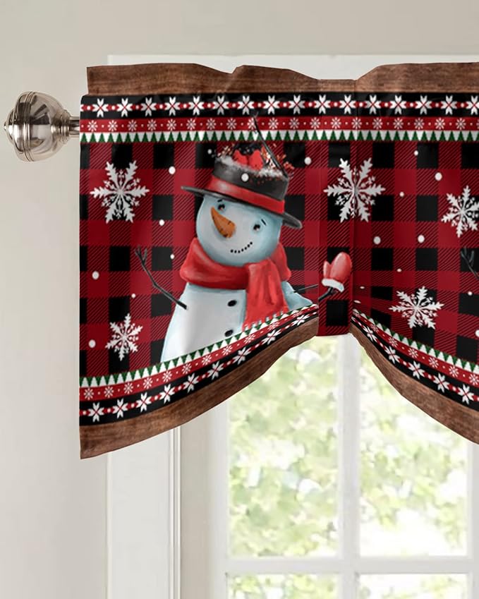 Christmas Blackout Tie Up Valance Curtains for Kitchen Windows Funny Snowman Snowflake Window Toppers Balloon Shades for Living Room/Bathroom/Bedroom,1 Panel,42" X 18" Red Farmhouse
