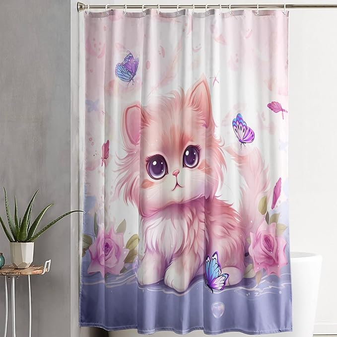 AILONEN Cute Cat Shower Curtain for Kids Boys,Kawaii Kitten and Butterfly Fabric Shower Curtains for Bathroom,Big Eye Pink Cat Polyester Cloth Bath Curtain Set, 72" W*72" H Pink