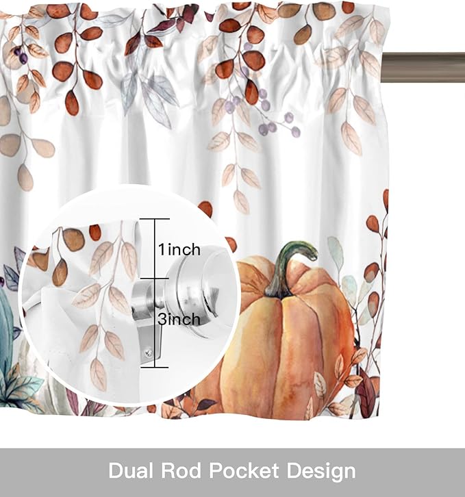 Fall Thanksgiving Kitchen Curtains Valances for Windows Watercolor Autumn Pumpkins Eucalyptus Leaves Rod Pocket Window Treatment for Kitchen /Living Room/Bedroom/ Bathroom,60" X 18", Blue Orange