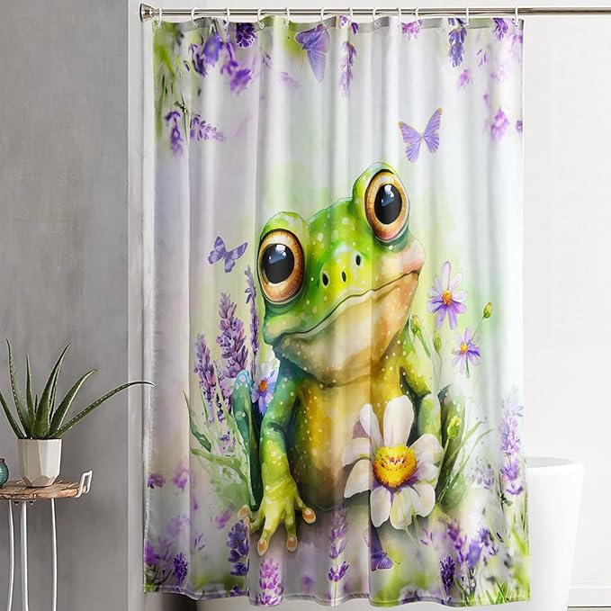 AILONEN Cartoon Frog Shower Curtain, Cute Green Frog Shower Curtain Set with Hooks for Kids Boys Girls,Purple Flowers Tropical Amphibian Waterproof Fabric Shower Curtain for Bathroom,72" W*84" H