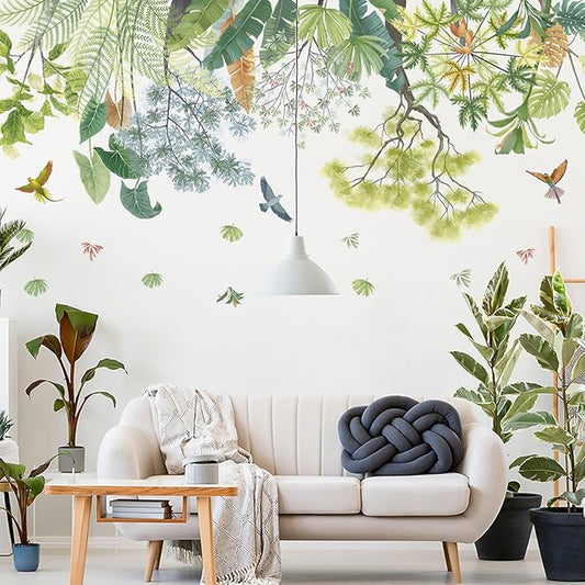Green Plant Top Line Wall Stickers Garden Flower Wall Art Decals Tropical Plant Birds Wall Decals for Living Room Bedroom Nursery Kitchen Skirting Board Art Decorations