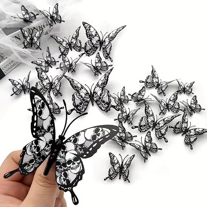 Halloween Wall Stickers 12Pcs Butterfly Wall Decor with Skull Design Halloween Wall Decals 3D Butterflys Wall Decorations Reusable Window Stickers for Halloween Party Home Room Art DIY Accessories