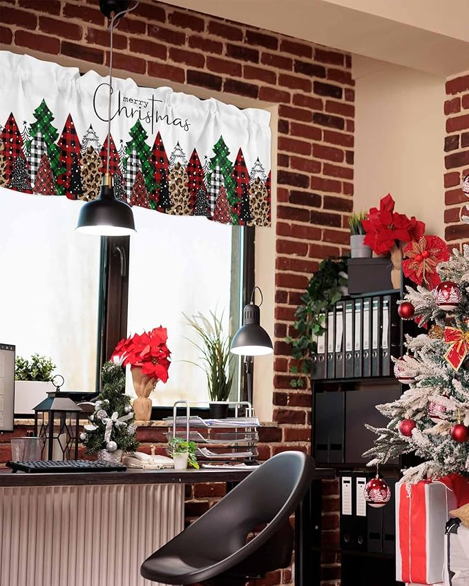 Merry Christmas Valance Curtains for Kitchen Windows Buffalo Plaid Xmas Tree Winter Forest Farmhouse Rod Pocket Window Treatment Toppers for Kitchen/Living Room/Bedroom/Bathroom, 42" X 18",Red Green