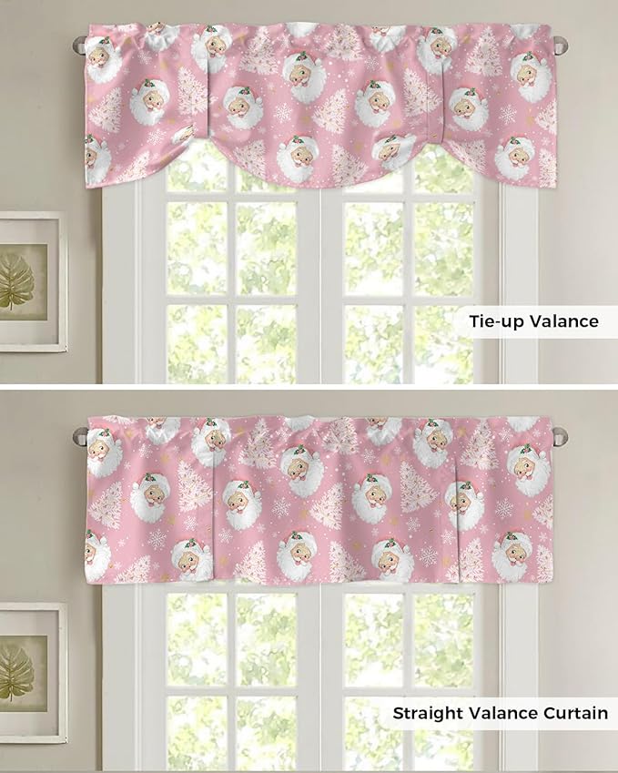 Pink Christmas Blackout Tie Up Valance Curtains for Kitchen Windows Santa Claus Merry Christmas Tree Window Toppers Balloon Shades for Living Room/Bathroom/Bedroom,1 Panel, 42" X 12", Winter Snowflake