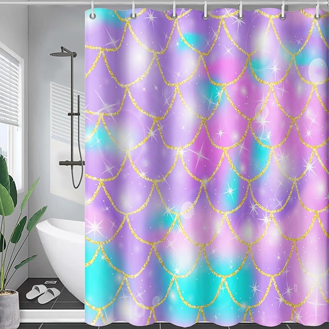 AILONEN Mermaid Scale Shower Curtain,Purple Mermaid Scale Bath Curtain for Girls Bathroom,Polyester Waterproof for Shower with 12 Plastic Hooks 72" W*78" H
