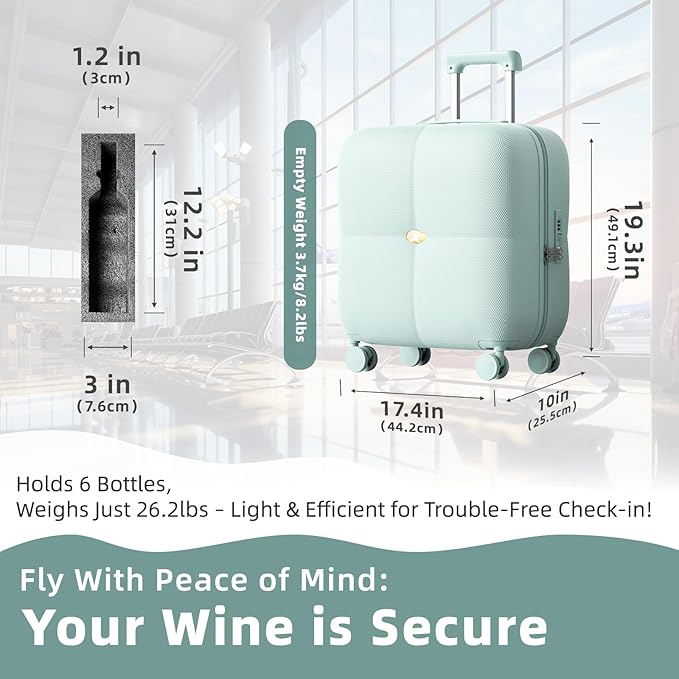 Wine Suitcase, 6 Bottle Wine Luggage, Durable Wine Travel Case, Fly With Wine Suitcase with TSA Lock, Versatile Wine Carrier with Removable Inserts and Silent Spinner Wheels（Mint）