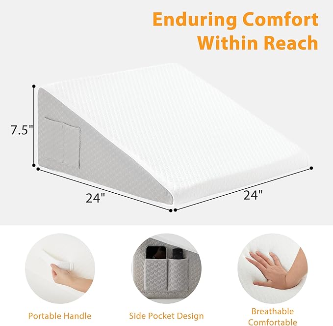 Bed Wedge Pillow for Sleeping, 7.5" Wedge Pillows for After Surgery, Soft Memory Foam Top, Triangle Pillow Wedge, Body Positioners for Leg Elevation, Acid Reflux, Gerd, Snoring Relief, White