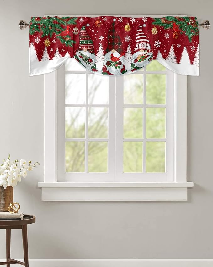 Christmas Gnomes Blackout Tie Up Valance Curtains for Kitchen Windows Red Winter Holidays Window Toppers Balloon Shades for Living Room/Bathroom/Bedroom,1 Panel,60" X 18" White Snowflakes Xmas Trees