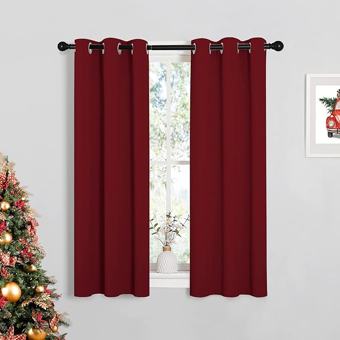 NICETOWN Christmas Burgundy Window Curtains Blackout Drapes, Thermal Insulated Solid Grommet Blackout Curtains/Draperies for Living Room (1 Pair, 29 by 45 inches, Burgundy Red)