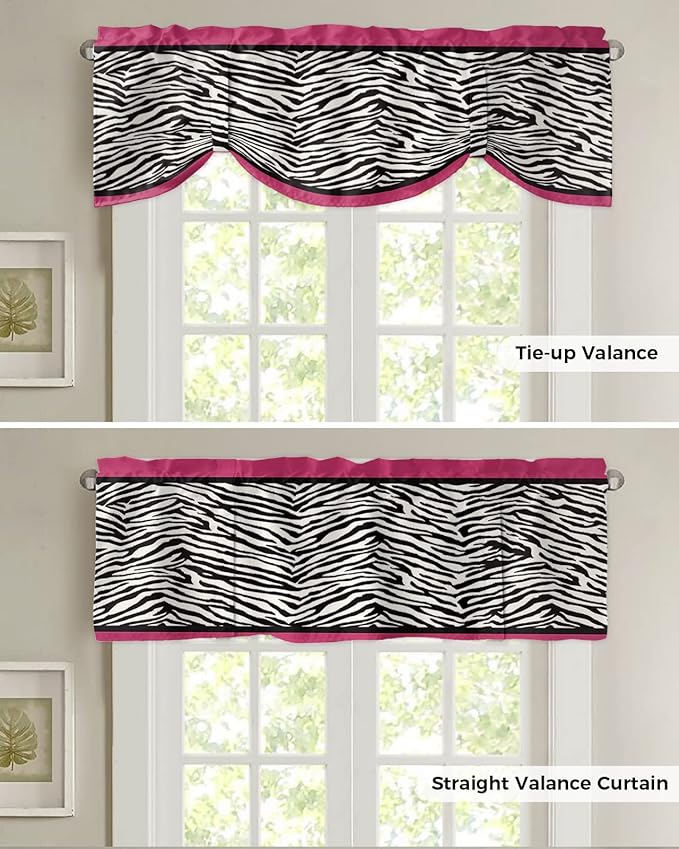 Animal Zebra Print Blackout Tie Up Valance Curtains for Kitchen Windows Black White Pink Window Toppers Balloon Shades for Living Room/Bathroom/Bedroom,1 Panel,42" X 12"
