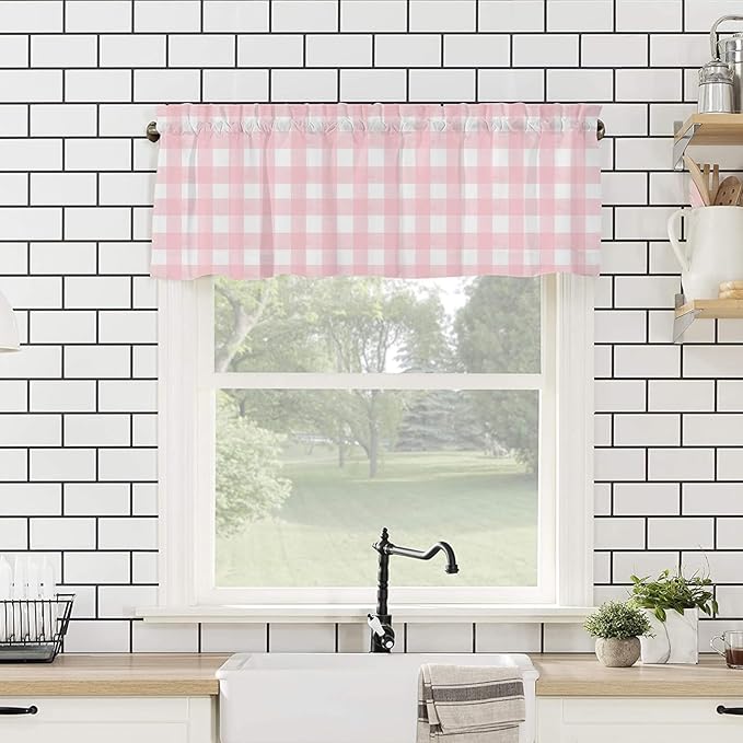 Christmas Valance Curtains for Kitchen Windows Rustic Pink White Buffalo Check Plaid Pattern Rod Pocket Window Treatment Toppers for Kitchen/Living Room/Bedroom/Bathroom, 54" X 18", Farmhouse
