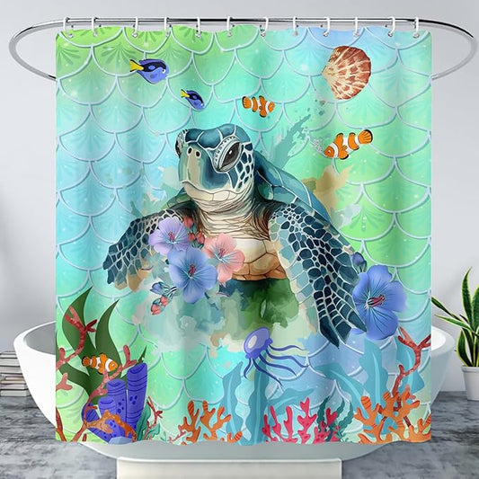 AILONEN Cartoon Sea Turtle Shower Curtain,Kawaii Sea Animal Bathroom Curtains for Kids,Girls,Watercolor Green Ocean Theme Shower Curtains Set with Hooks for Bathroom,72" W*96" H