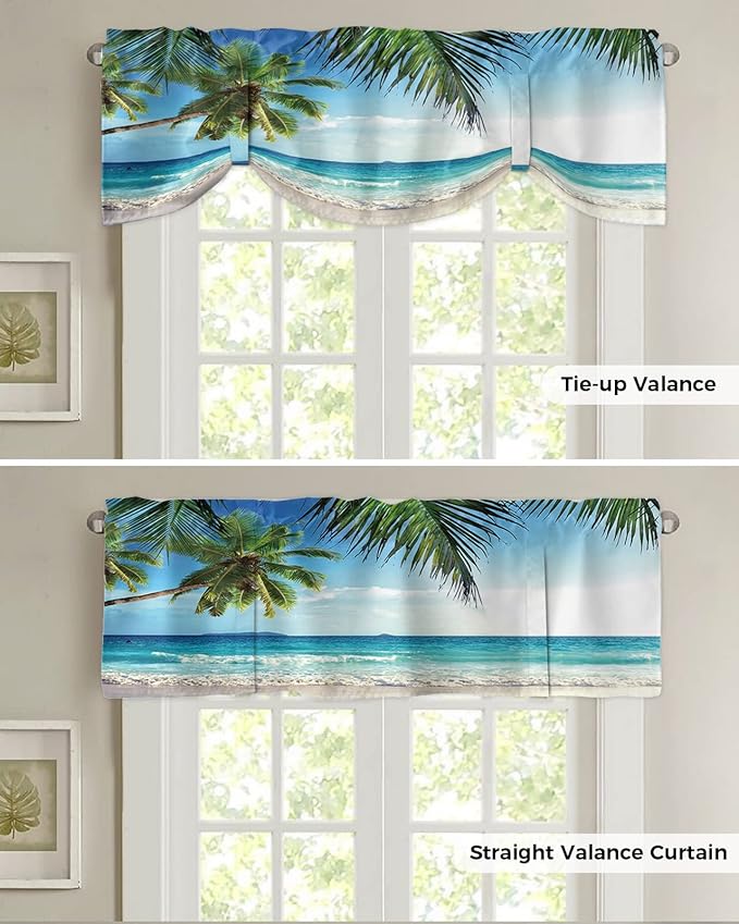 Palms Tree Ocean Blackout Tie Up Valance Curtains for Kitchen Windows Tropical Sea Window Toppers Balloon Shades for Living Room/Bathroom/Bedroom,1 Panel,54" X 18" Beach Theme