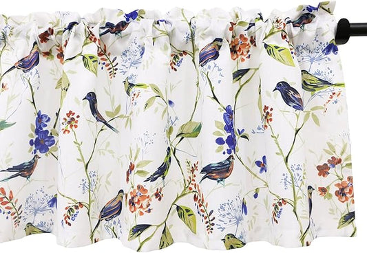 Leeva Birds Vines Printed Curtains Valances for Kitchen Bath Laundry Bedroom Living Room, Rod Pocket Valance for Windows, 52 x 18 Inch, Blue Birds