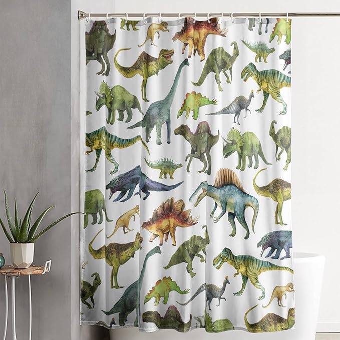 AILONEN Dinosaur Shower Curtain 72" W*96" H for Bathroom,Cartoon Dinosaur Bathroom Shower,Tropical Jungle Dinosaur Kids Boys Bath Curtain Polyester Waterproof Bathroom Curtain with 12 Hooks