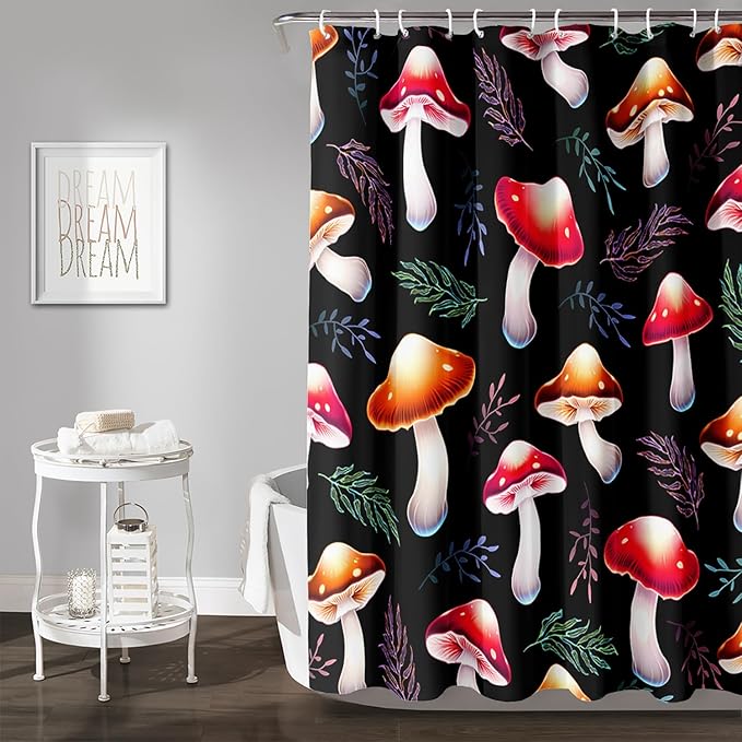 AILONEN Cartoon Mushroom Shower Curtain,Cute Red Mushroom Waterproof Fabric Bath Curtain for Kids Girls Boys,Natural Fungal Plants Shower Curtain Set for Bathroom 72" W*96" H