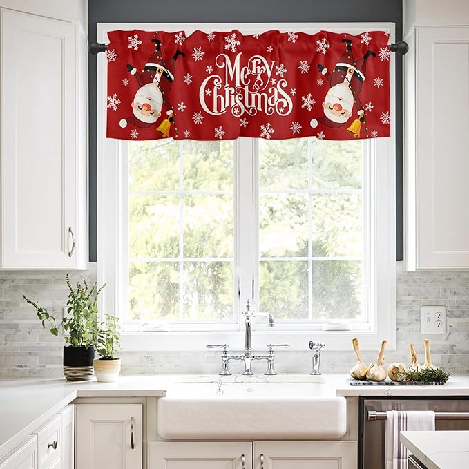 Red Merry Christmas Valance Curtains for Kitchen Windows Funny Hanging Santa Rod Pocket Window Treatment Toppers for Kitchen/Living Room/Bedroom/Bathroom, 42" X 12", Snow Winter Holiday