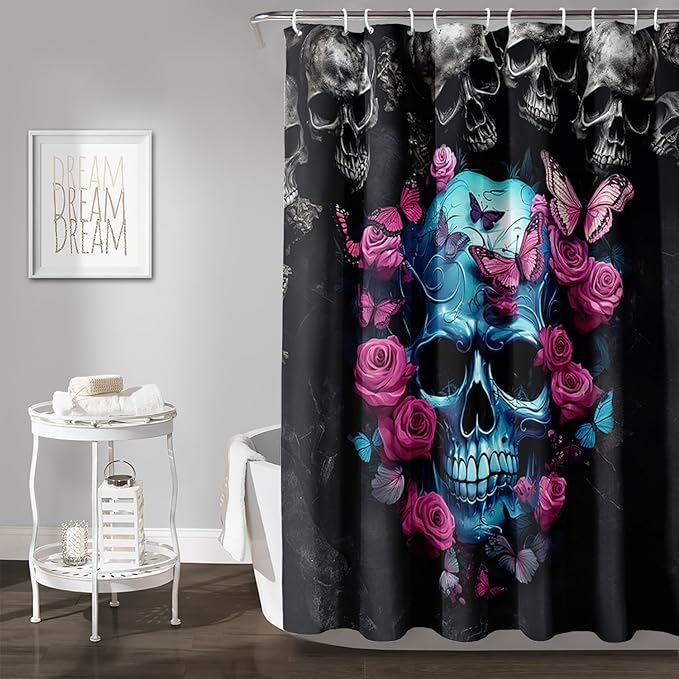 AILONEN 3D Skull Shower Curtain,Oil Ren Rose with Skeleton Design Shower Curtain Set with Hooks for Boys Girls Teens,Gothic Skull Waterproof Fabric Shower Curtain for Bathroom,60" W*72" H
