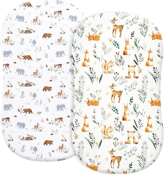 PHF Soft Bassinet Sheet Set, 2 Pack Silky Comfy Breathable Cradle Sheets for Baby Boys Girls, Univeral Fit for Most Oval Rectangle Cradle and Bassinet Mattress/Pad, Woodland