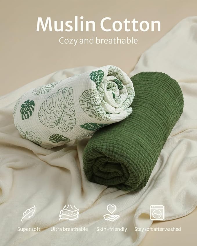 Blissful Diary Muslin Bassinet Sheets for Baby Girls Boys, Boho Soft Cotton Fitted for Oval Hourglass Rectangle Mattress, 2 Pack(Monstera&Dark Green)