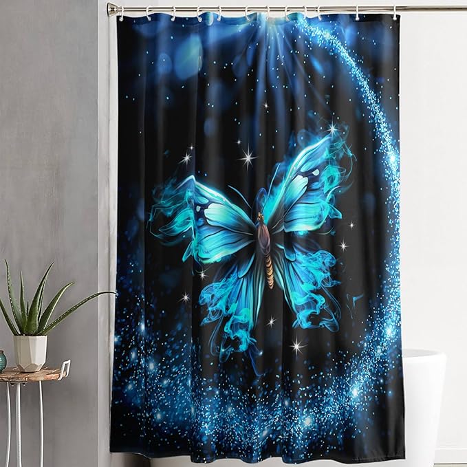 AILONEN Butterfly Shower Curtain Bathroom 36" W*72" H Sparkly Blue Butterflies Curtain Cloth Fabric Bathroom for Girls Kids,Boho Style Shower Curtain Set