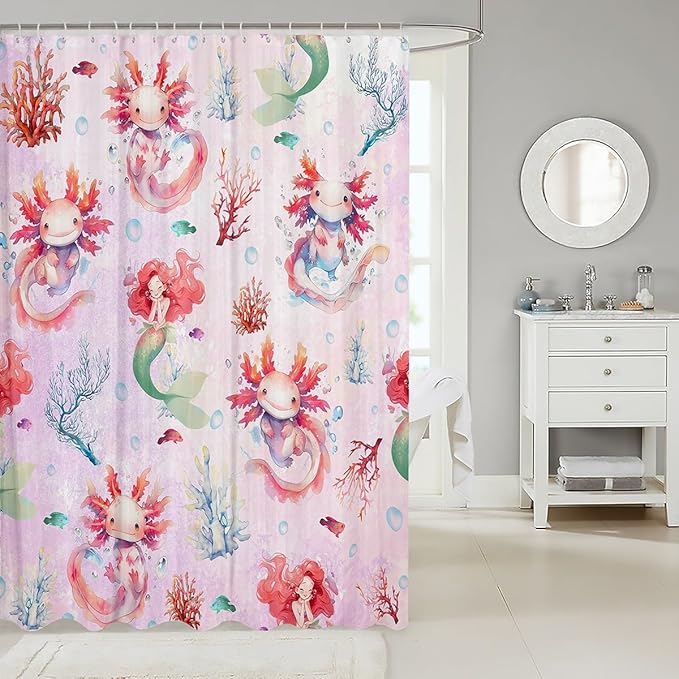 Feelyou Boys Girls Cute Axolotl Bath Curtain Ocean Sealife Bathroom Shower Curtain Set Mermaid Shower Curtain Kids Sea Animal Teens Bathroom Accessories Room Decor 72"x72"