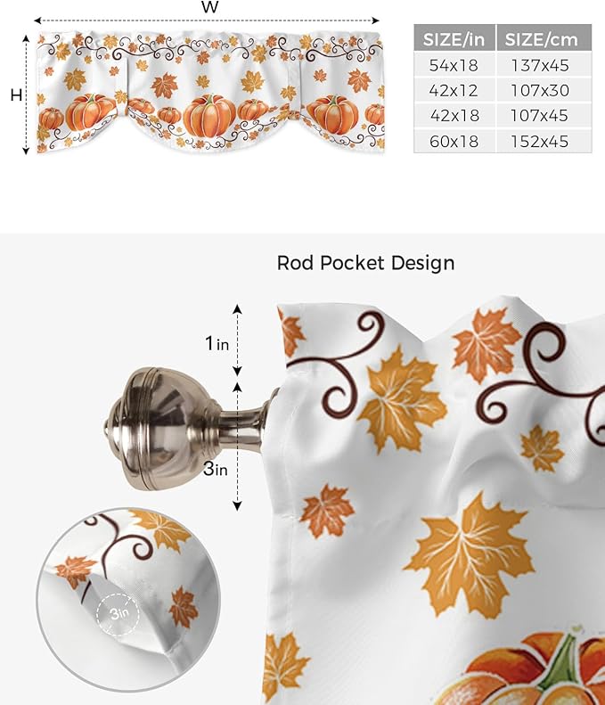 Fall Maple Leaves Blackout Tie Up Valance Curtains for Kitchen Windows Thanksgiving Watercolor Pumpkins Window Toppers Balloon Shades for Living Room/Bathroom/Bedroom,1 Panel,42" X 18" Orange