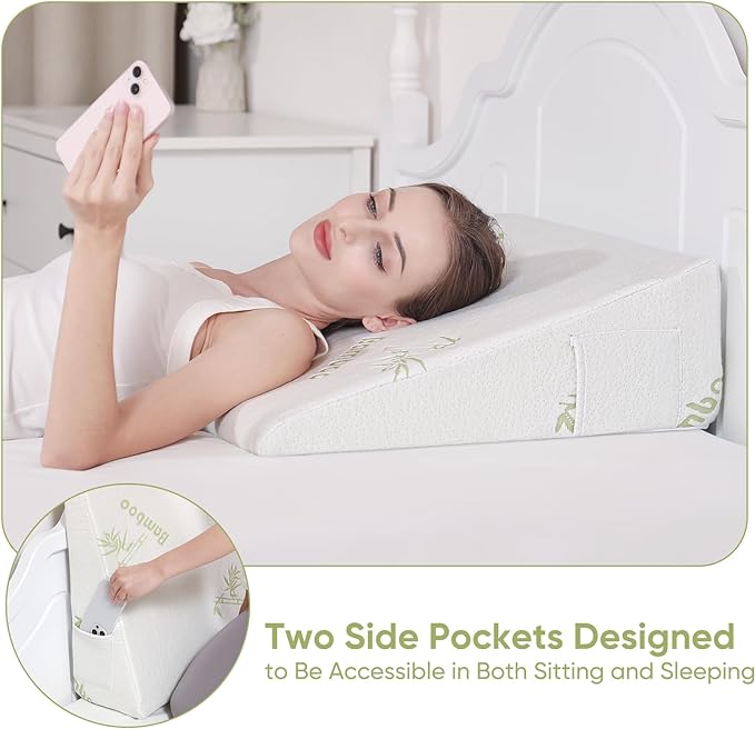 Wedge Pillow for Sleeping After Surgery 7.5" Bed Wedge Pillow with Memory Foam Top, Help with Acid Reflux Heartburn Snore Back Leg Knee Pain, Soft Comfortable, Breathable Durable, Bamboo Cooling Cover