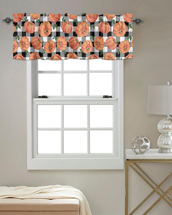 Fall Kitchen Curtains Valances for Windows Thanksgiving Halloween Pumpkins Rod Pocket Window Treatment for Kitchen /Living Room/Bedroom/ Bathroom,42" X 12", Farmhouse Black White Buffalo Plaid