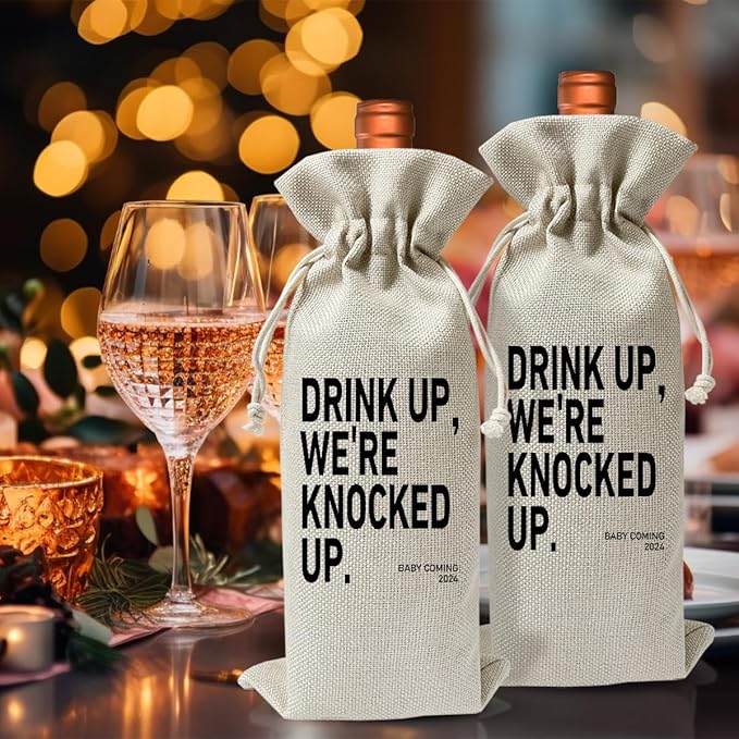 Drink up We're Knocked Up, Pregnancy Announcement Gift Wine Bag, Baby or Pregnancy Reveal Gift, Baby Shower Decor, Baby Party Favor, Gender Pregnancy Announcement for New Grandparents Uncle