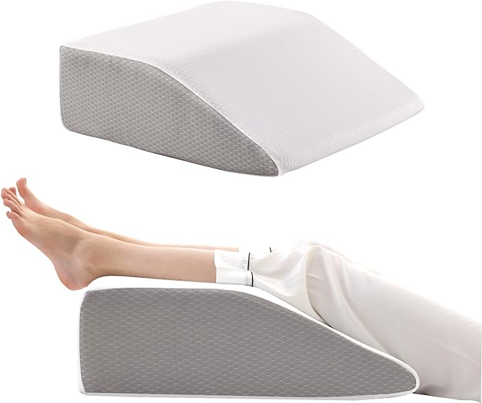 Leg Elevation Pillows, Leg Pillows for Sleeping, Cooling Gel Memory Foam Top, Wedge Pillow for Legs, Leg Wedges for Circulation, Swelling, After Surgery - Removable Cover (8 Inch, White/Grey)