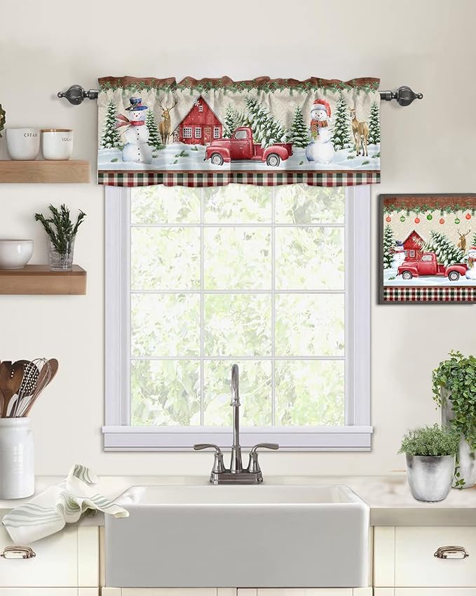 Vandarllin Christmas Farmhouse Kitchen Curtains Valances for Windows Snowman Farm Red Truck Rod Pocket Window Treatment for Kitchen/Living Room/Bedroom/Bathroom,42" X 12" -1 Panel, Winter Holiday