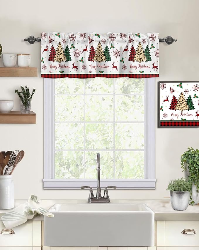 Merry Christmas Kitchen Curtains Valances for Windows Farm Christmas Tree Buffalo Plaid Leopard Rod Pocket Window Treatment for Kitchen/Living Room/Bedroom/Bathroom,60" X 18" -1 Panel, Holiday Decor