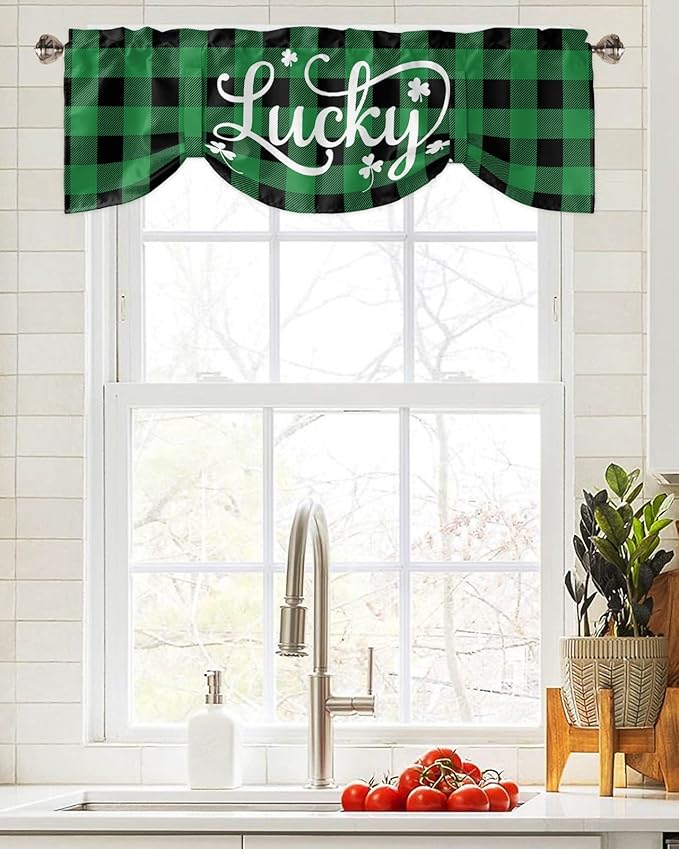 St. Patrick's Day Buffalo Plaid Blackout Tie Up Valance Curtains for Kitchen Windows Lucky Shamrocks Clover Window Toppers Balloon Shades for Living Room/Bathroom/Bedroom,1 Panel, 60" X 18",Green