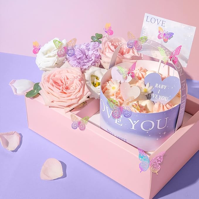 SAOROPEB 3D Butterfly Wall Decor, 48 Pcs 4 Styles 3 Sizes, Removable Metallic Wall Sticker for Kids Bedroom Nursery Classroom Party Decoration Wedding Decor DIY Gift (Laser Pinkpurple)