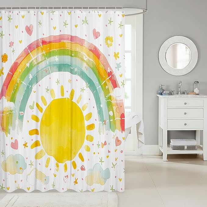 Feelyou Boys Girls Sun Bathroom Shower Curtain Set Rainbow Bath Curtain Colorful Shower Curtain Kids Cute Cartoon Teens Bathroom Accessories Room Decor 72"x72"