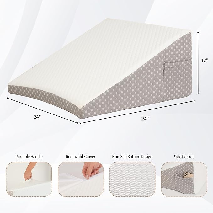 Wedge Pillow for Sleeping, 12 Inch Cooling Triangle Bed Pillow with Removable Cover, Elevated Body Pillow for Back Support, After Surgery, Snoring, Neck, Leg and Acid Reflux