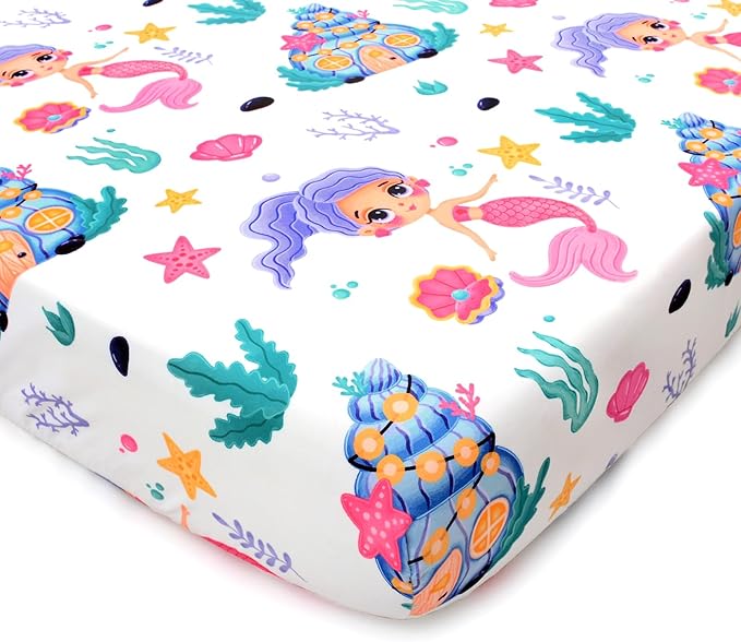 JISEN Baby Crib Sheets Soft Breathable Fitted Crib Sheets Baby Sheet for Standard Crib and Toddler Mattress Baby Bed Sheets for Crib for Baby Boys Girls Neutral 52x28 Inch White Mermaids