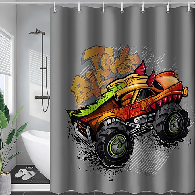 AILONEN Truck Shower Curtain for Kids Boys Teens,Red Monster Truck Bath Curtain for Bathroom Decor,Jam Truck Polyester Waterproof with 12 Plastic Hooks 72" W*72" H
