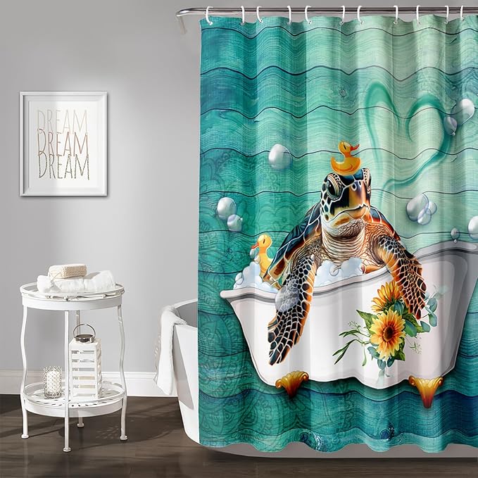 AILONEN Cute Sea Turtle Shower Curtain Set for Bathroom,Cartoon Funny Bathtub Turtle Bath Curtain,Sunflower Theme Waterproof Fabric Shower Curtain with Hooks,60" W*72" H