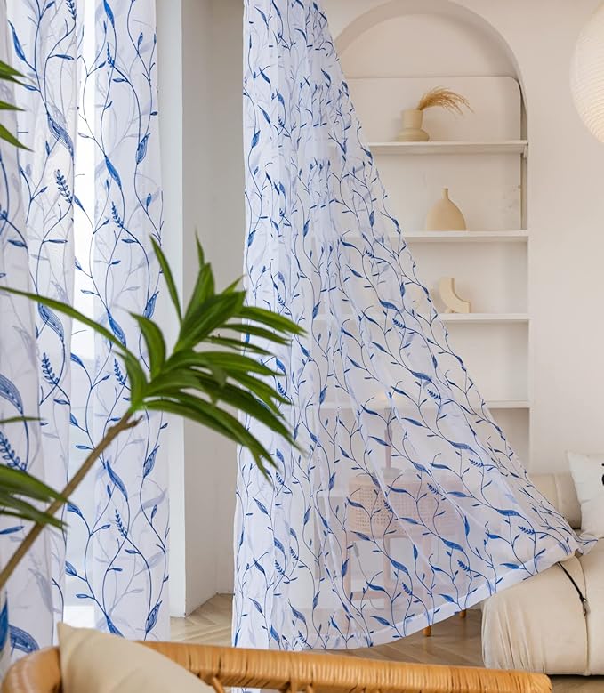 Windows Sheer Curtains Embroider Blue Leaf 108 Inches Length 2 Panels Voile Light Filtering Sheer Curtains Panel Basic Rod Pocket for Bedroom Living Room Children Room