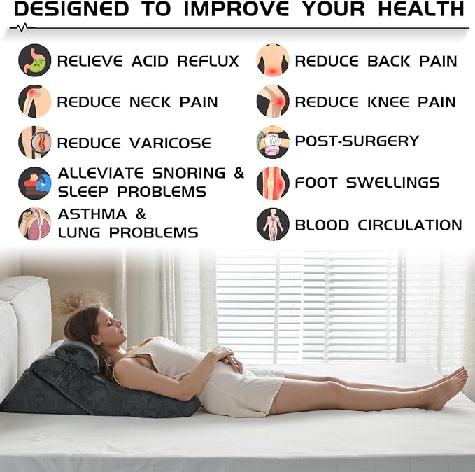 Qirroboni 3PCS Orthopedic Bed Wedge Pillow Set, Adjustable Pillows for Neck Back and Leg Pain Relief Comfortable & Post Surgery Foam- Heartburn Anti Snoring Acid Reflux & GERD Sleeping Charcoal Grey