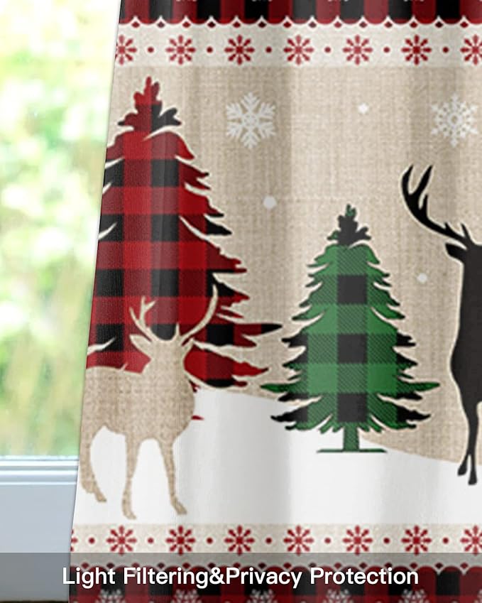 Farmhouse Christmas Kitchen Curtains Valances for Windows Rustic Plaid Christmas Tree Snowflakes Rod Pocket Short Curtain for Kitchen /Living Room/Bedroom/ Bathroom,42" X 18" -1 Panel, Red Green Black