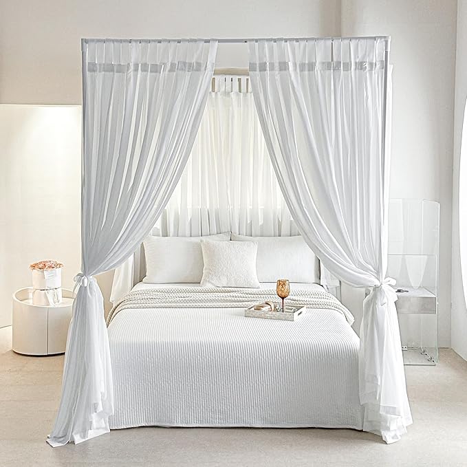 AIKASY Canopy Bed Board with Top and Self-Adhesive Velcro Strips, White Gauze Princess Bed Canopy Curtain Tent, Creating a Romantic Atmosphere in The Room（Full/Queen，White）