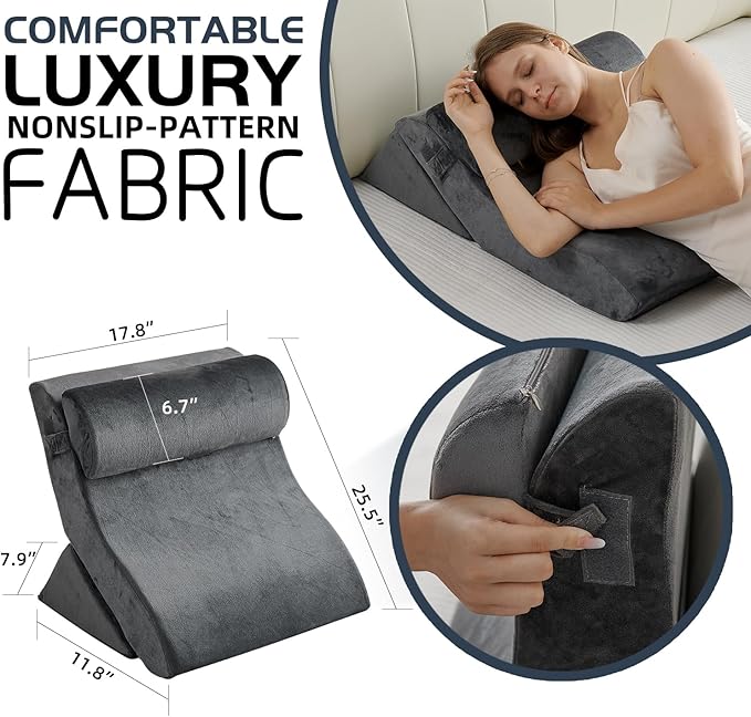 Qirroboni 3PCS Orthopedic Bed Wedge Pillow Set, Adjustable Pillows for Neck Back and Leg Pain Relief Comfortable & Post Surgery Foam- Heartburn Anti Snoring Acid Reflux & GERD Sleeping Charcoal Grey