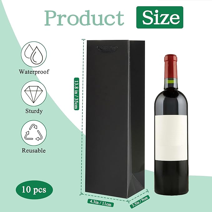 KEYYOOMY Wine Gift Bags - 10 Pack Black Kraft Paper Wine Bottle Gift Bags with Handles for Wedding Birthday Housewarming Christmas Party Supplies(10CT,13.8x4.3x3.5 IN,Black)