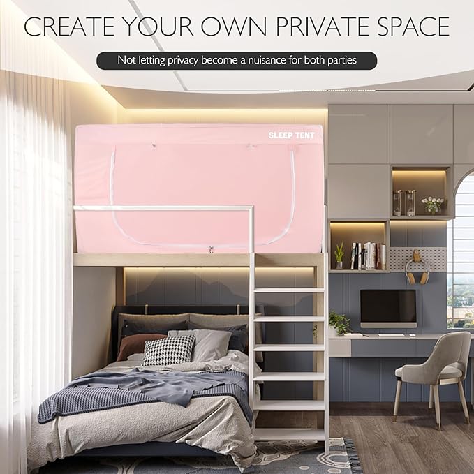 BORNA Bed Tent Twin Bed Canopy for Indoor Portable Light Reducing Sleeping Canopy for Kids and Adult,Bunk Blackout Tents Breathable Privacy Space Tent Mosquito Netting for Bed(Macaron Pink)