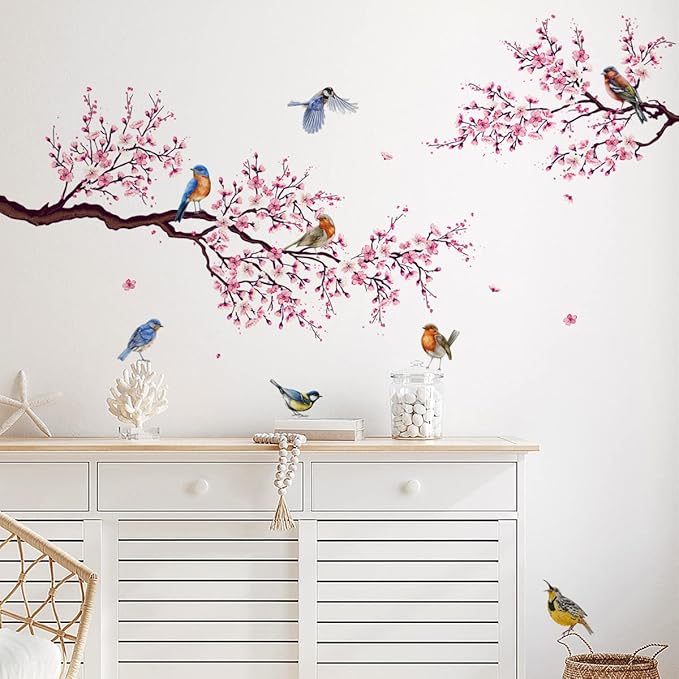 Watercolor Flower Wall Decals Peel and Stick Birds Vinyl Wall Stickers Colorful Wall Sticker Hummingbird on The Tree Branch Flower Decals Garden Living Room Bedroom TV Wall Decorations